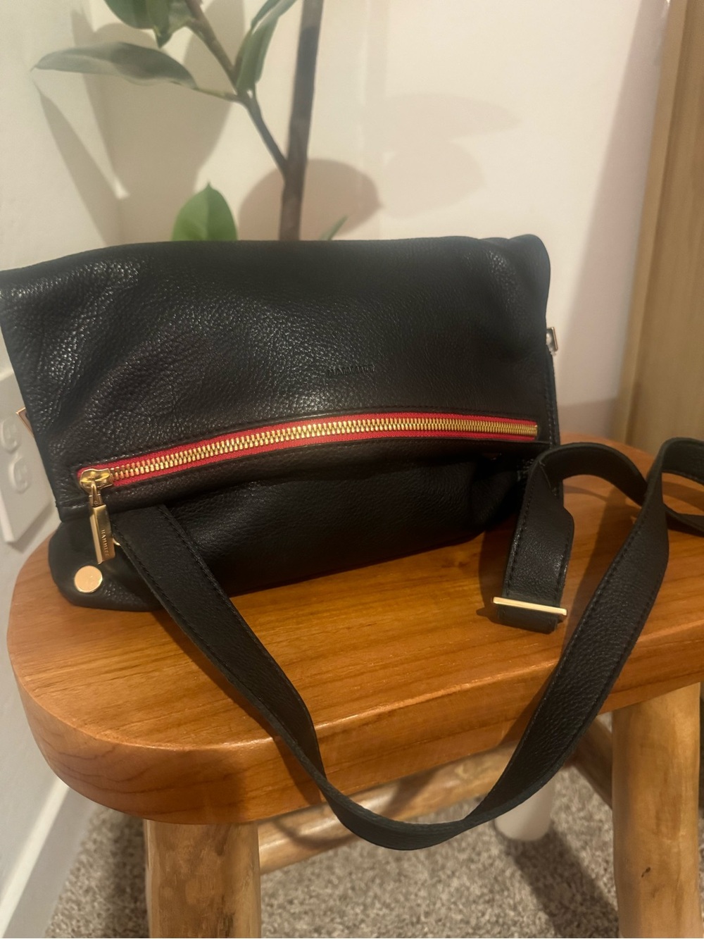 Hammitt Black Leather Crossbody with Red Zipper and Gold Hardware